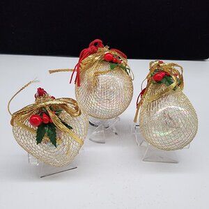 Vintage Christmas Ornaments Gold Mesh Covered Glass Heart Pear & Ball Shaped